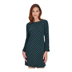 Tommy Hilfiger Petite Plaid Long Sleeve Bow Cuff Shift Dress Green 0P